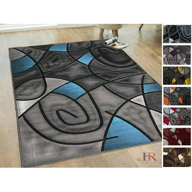 Blue/Grey/Silver/Black/Abstract Area Rug Modern Contemporary Circles and... 